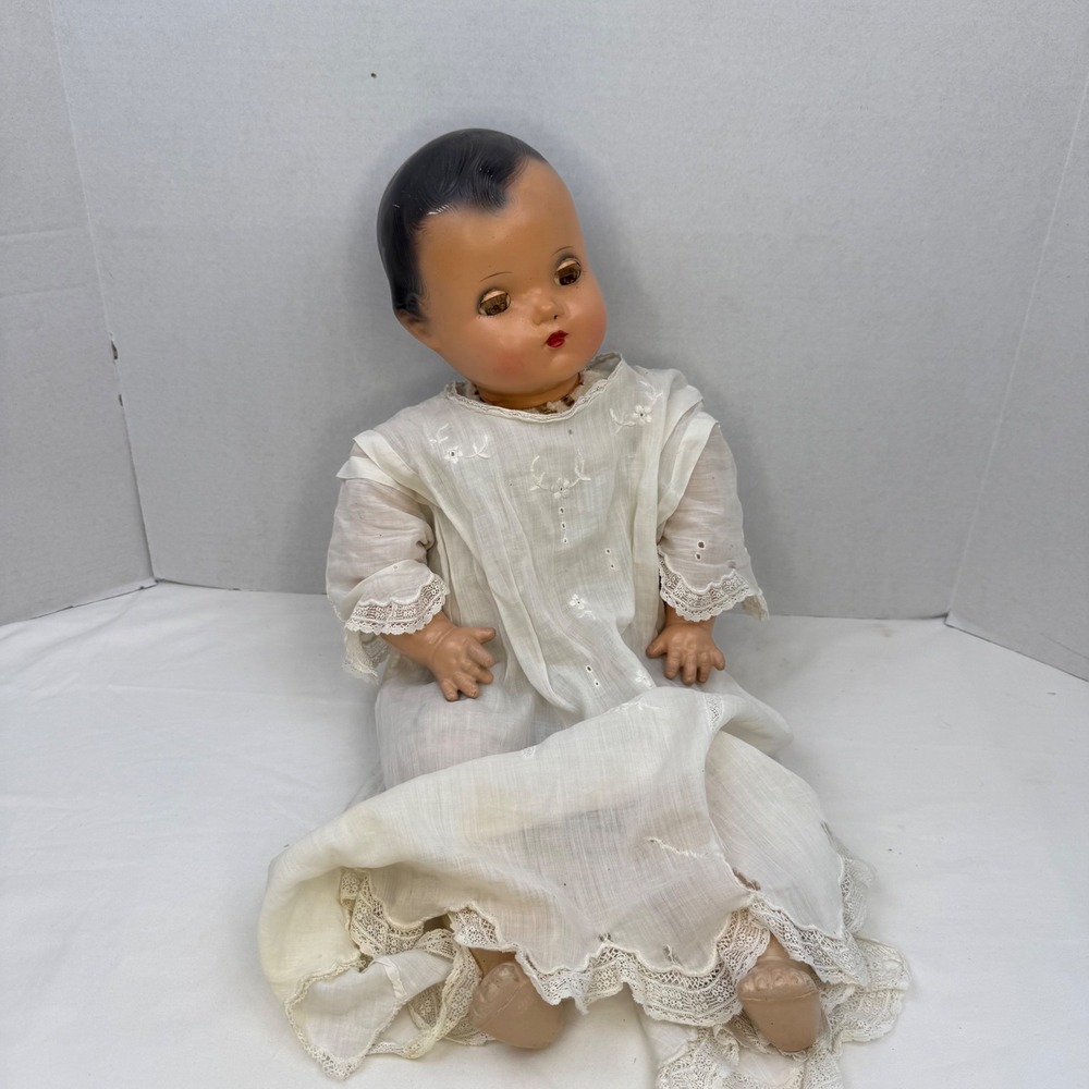 Vintage Composition Baby Doll Antique Lace Christening Gown Sleep Eyes 22 Inch
